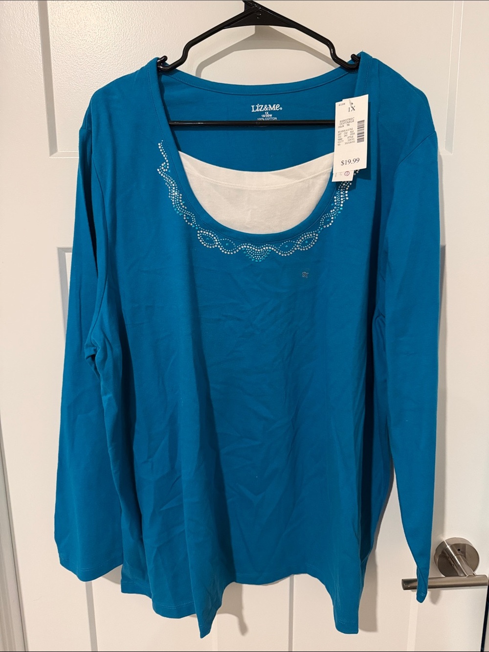 NWT Liz & Me Turquoise Long-Sleeve Scoop Neck Top with Rhinestone Trim